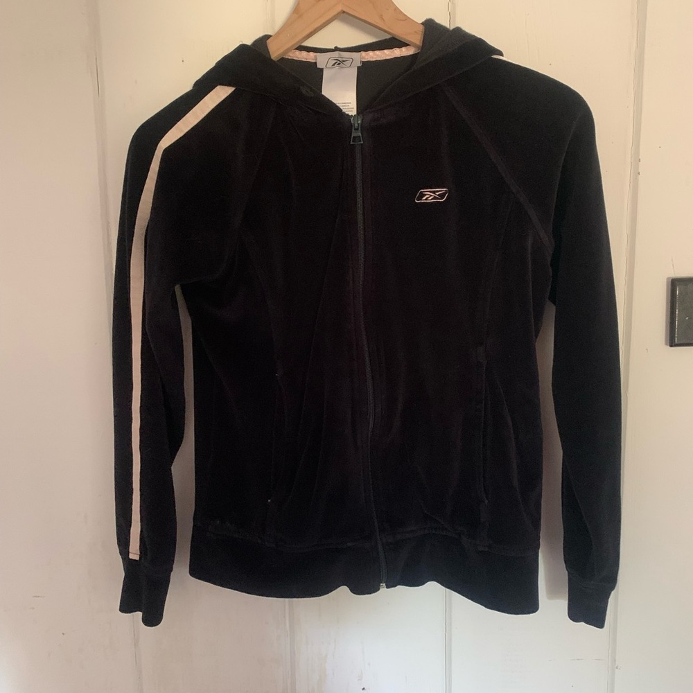 Reebok Black Zip-Up Hoodie with Pink stripe and Logo